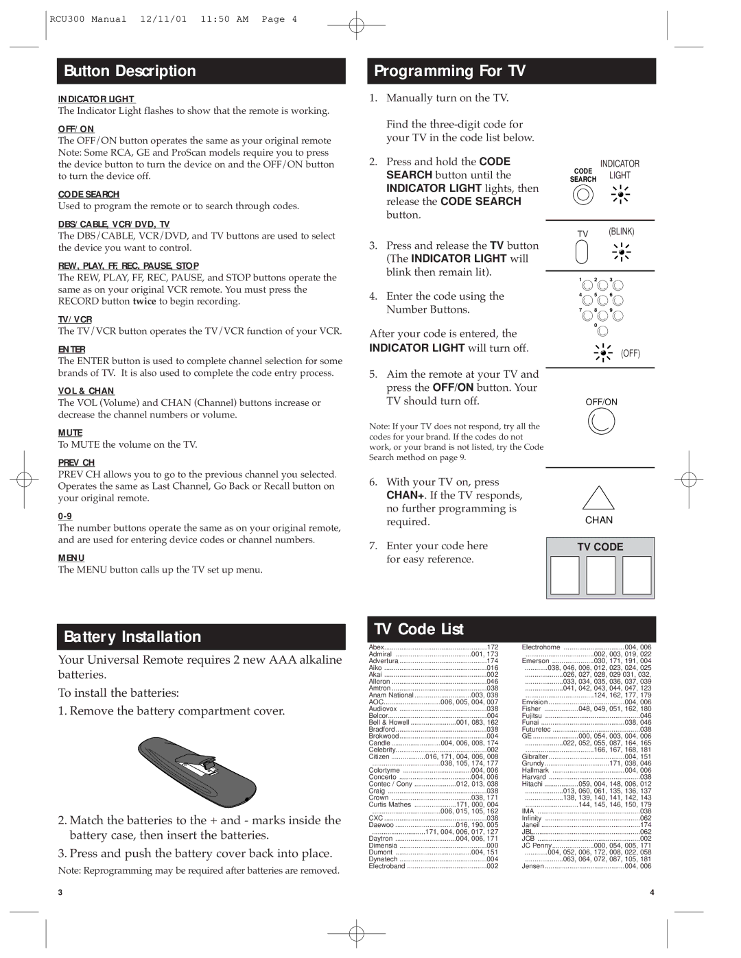 RCA RCU300 manual Button Description, Programming For TV, Battery Installation TV Code List 