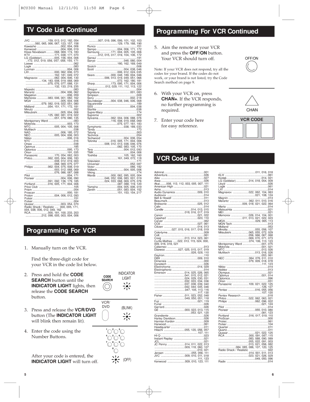 RCA RCU300 TV Code List Programming For VCR, VCR Code List, Press and release the VCR/DVD, Button The Indicator Light 