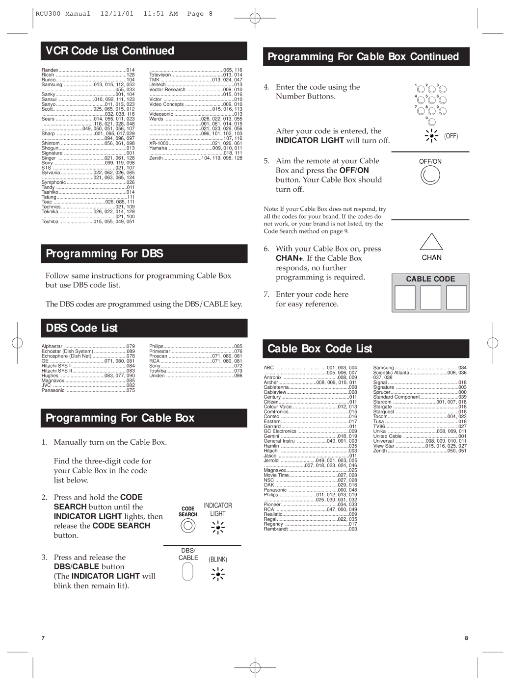 RCA RCU300 manual Programming For DBS, DBS Code List, Cable Box Code List, Programming For Cable Box 