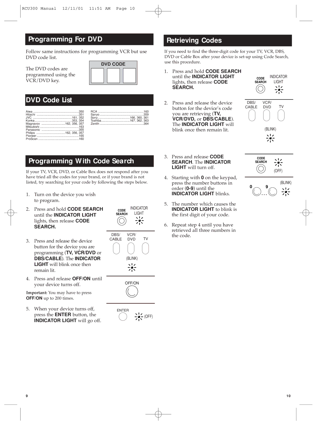 RCA RCU300 manual Programming For DVD, Retrieving Codes, DVD Code List, Programming With Code Search 