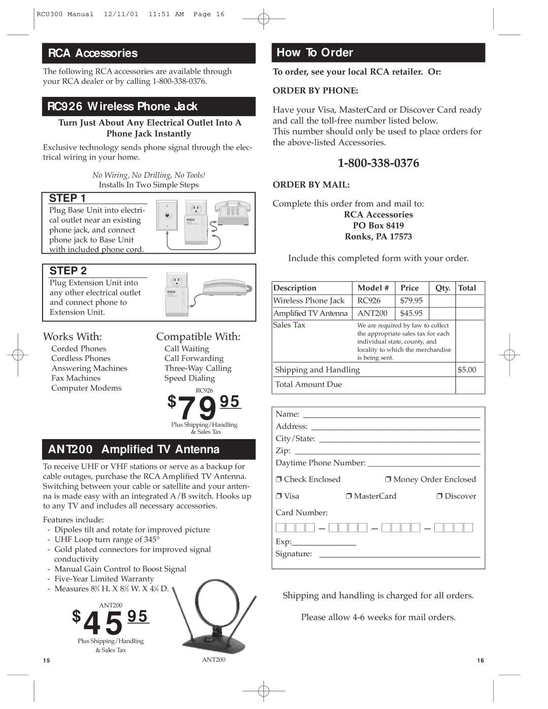 RCA RCU300 manual RCA Accessories, RC926 Wireless Phone Jack, ANT200 Amplified TV Antenna, How To Order 