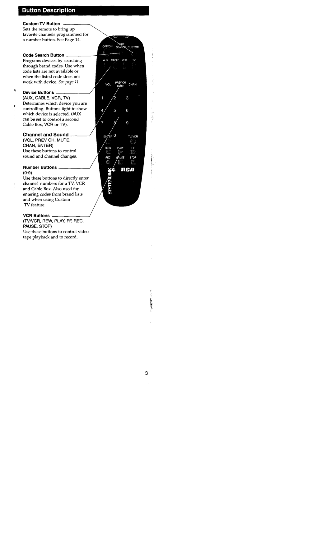 RCA RCU400R3 manual Channel and Sound ~, Code Search Button 