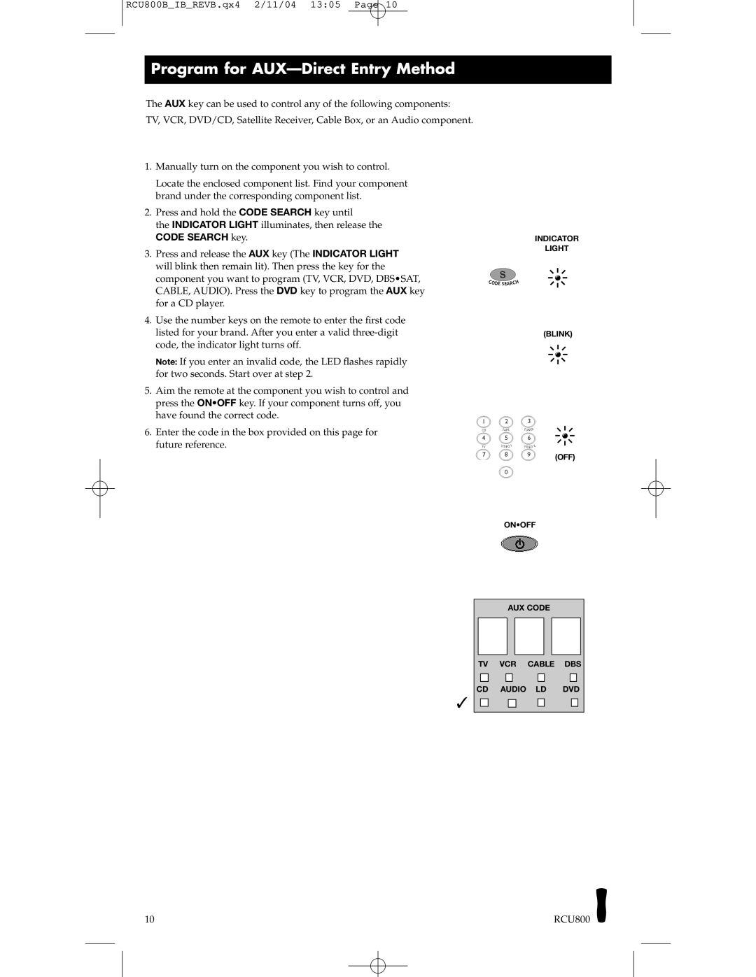 RCA RCU403, RCU800 manual Program for AUX-Direct Entry Method, Code Search key 