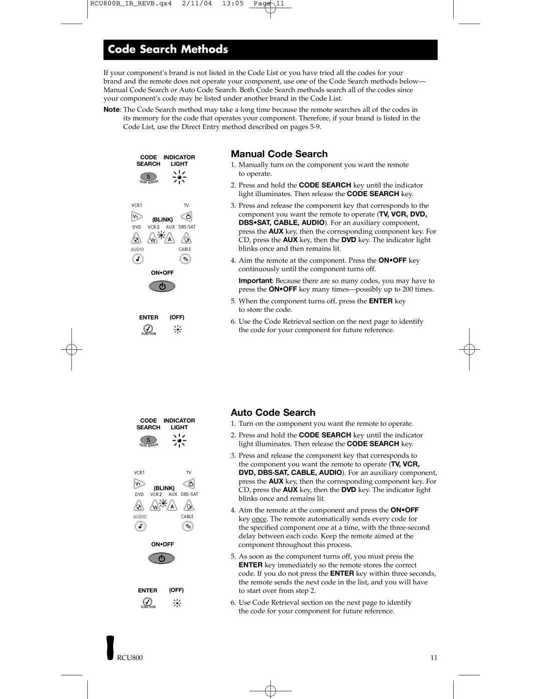 RCA RCU800, RCU403 manual Code Search Methods, Manual Code Search, Auto Code Search 