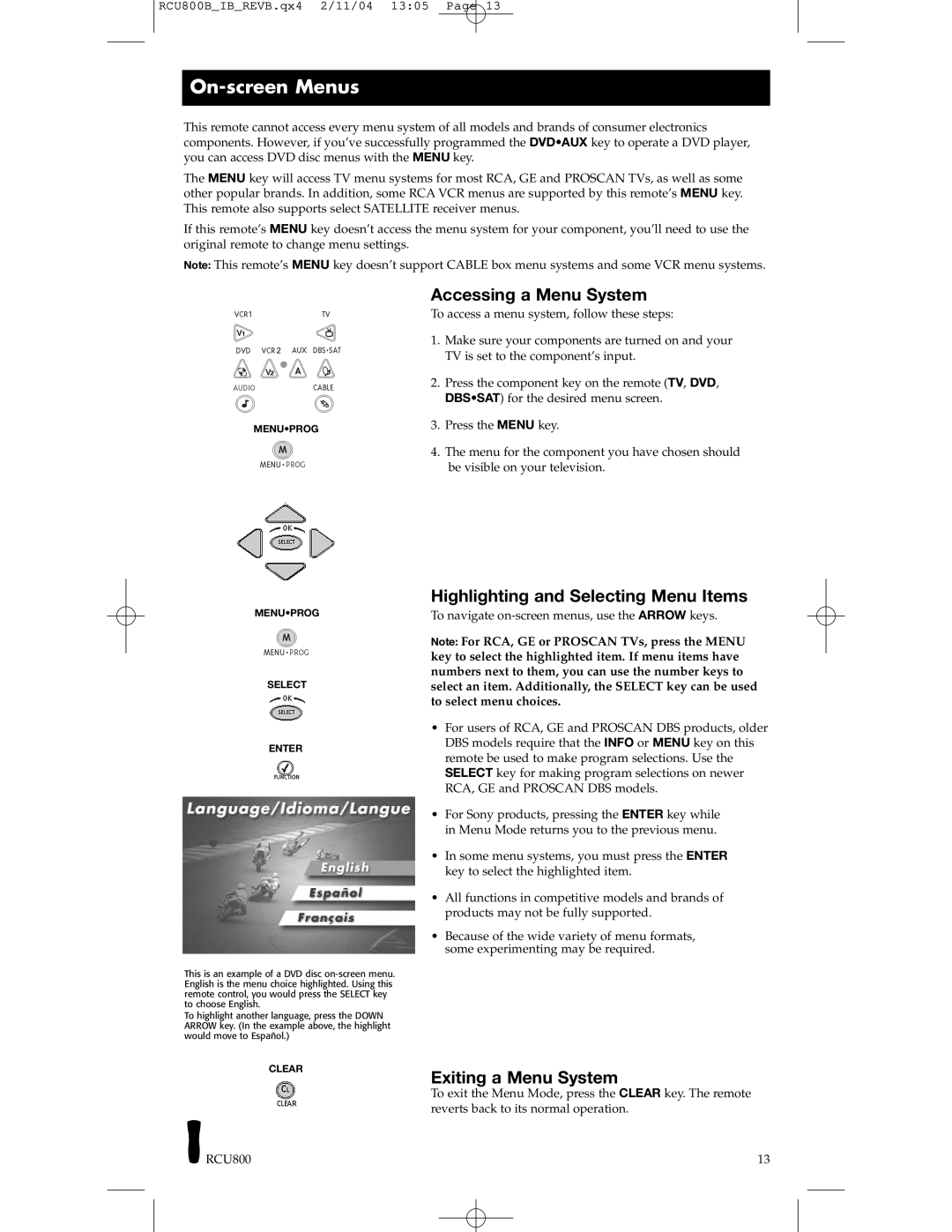 RCA RCU800, RCU403 On-screen Menus, Accessing a Menu System, Highlighting and Selecting Menu Items, Exiting a Menu System 