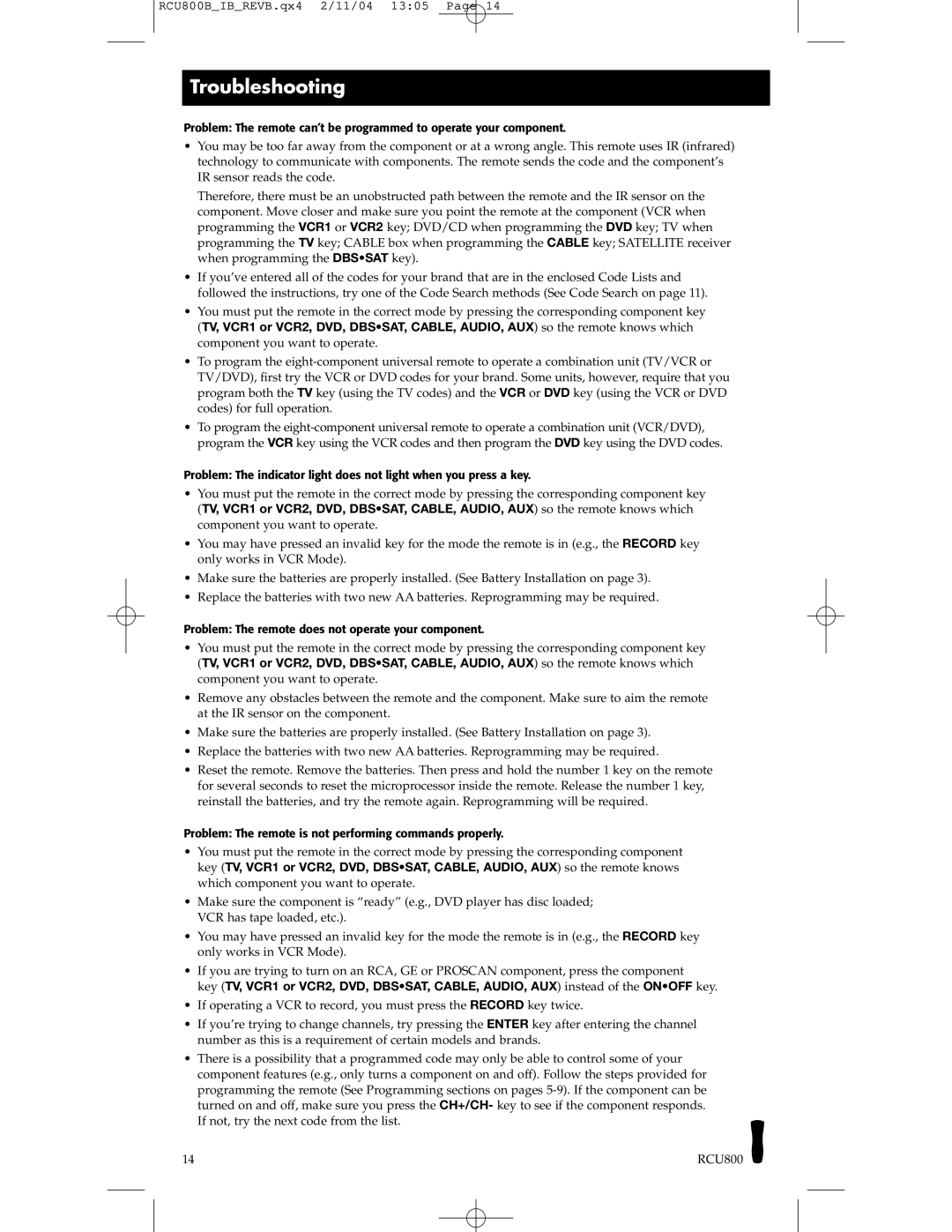 RCA RCU403, RCU800 manual Troubleshooting 