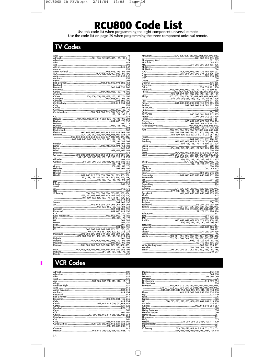 RCA RCU403 manual RCU800 Code List 