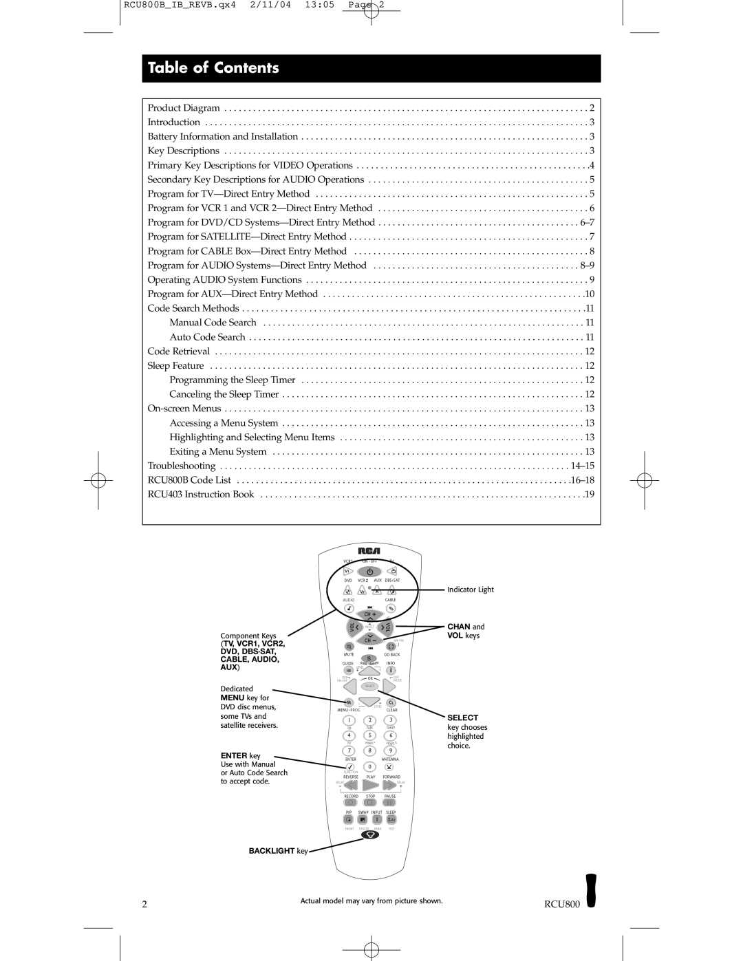 RCA RCU403, RCU800 manual Table of Contents 