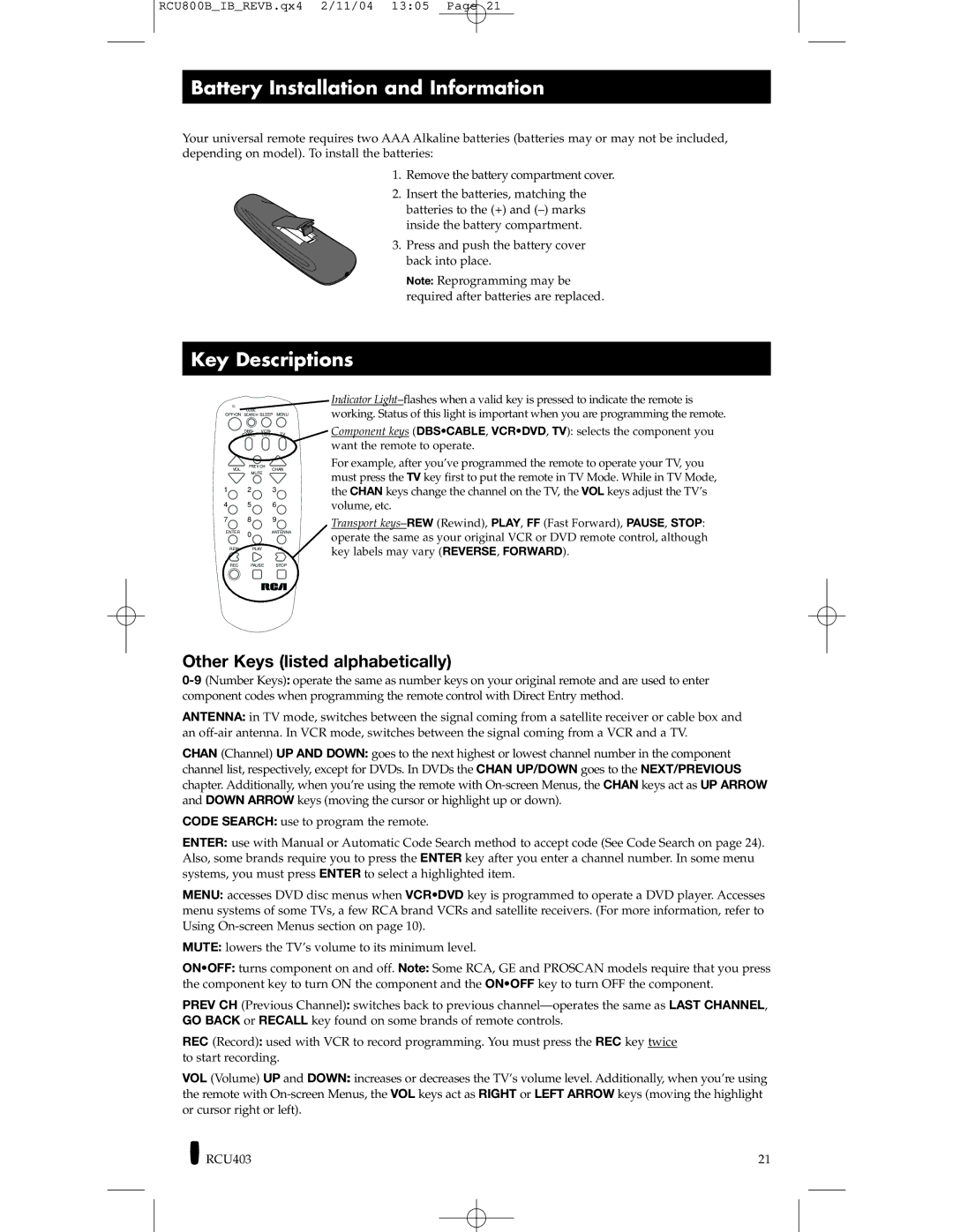 RCA RCU800, RCU403 manual Battery Installation and Information, Key Descriptions 