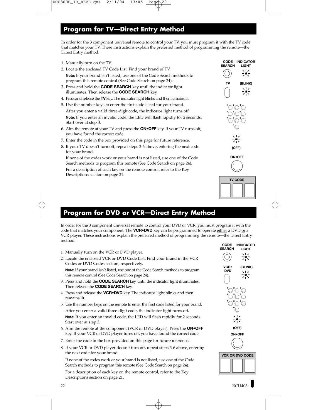 RCA RCU403, RCU800 manual Program for TV-Direct Entry Method, Program for DVD or VCR-Direct Entry Method 