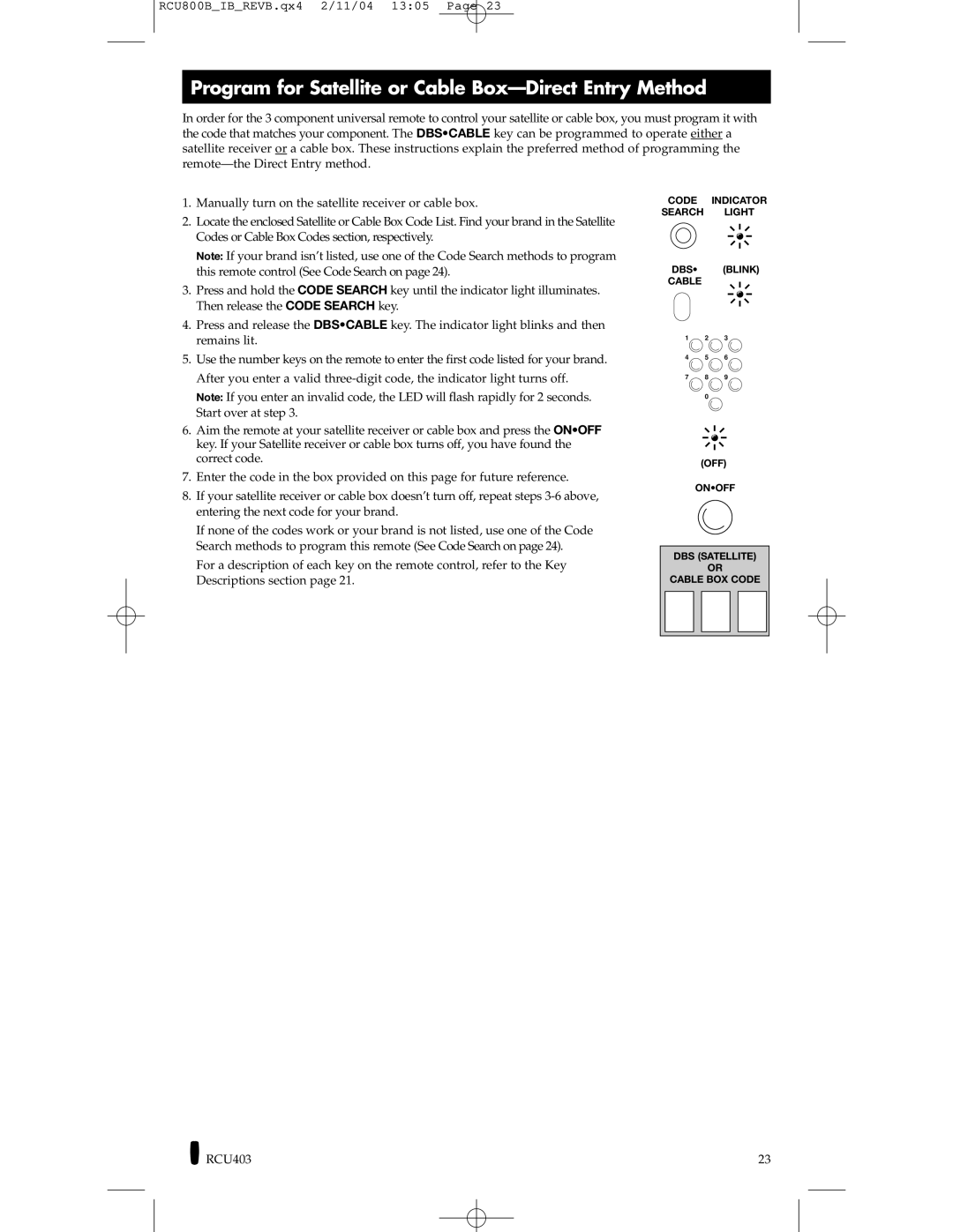 RCA RCU800, RCU403 manual Program for Satellite or Cable Box-Direct Entry Method 