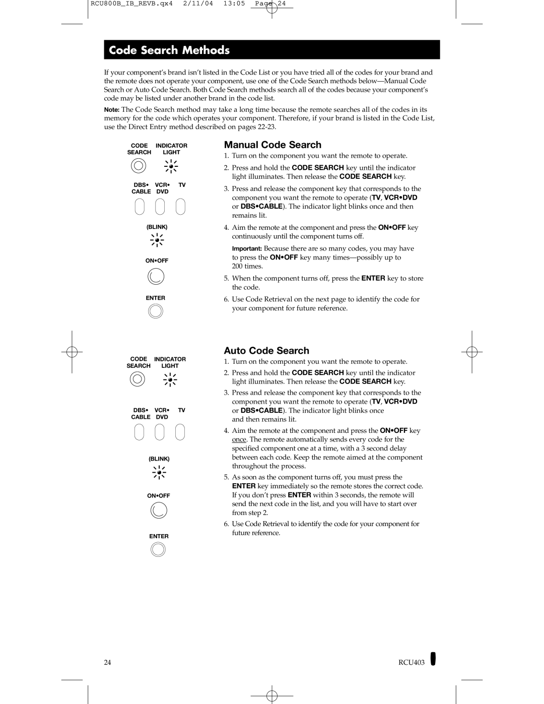 RCA RCU403, RCU800 manual Code Search Methods 