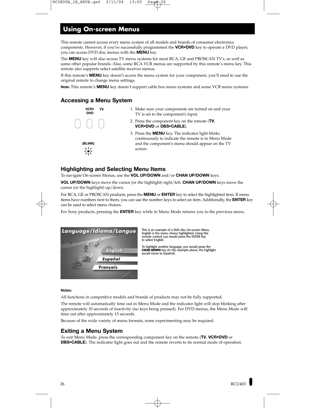 RCA RCU403, RCU800 manual Using On-screen Menus, Vcrdvd or Dbscable 