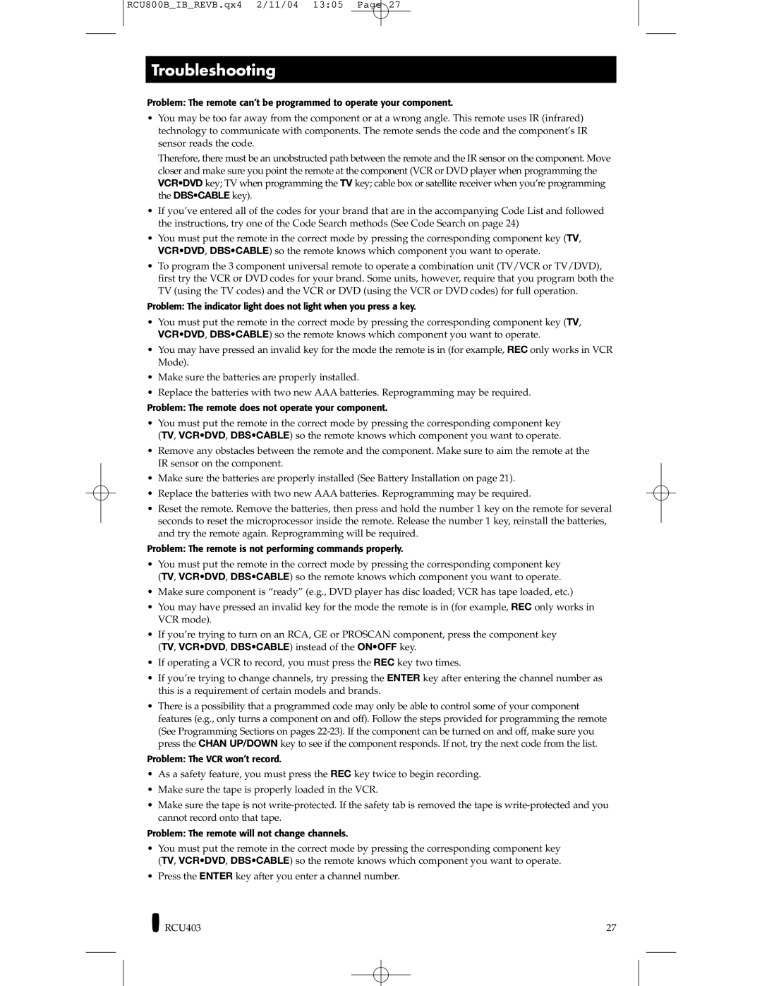 RCA RCU800, RCU403 manual Troubleshooting 