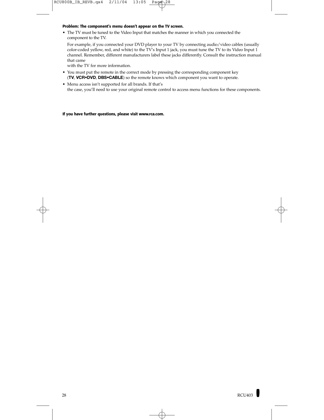 RCA RCU403, RCU800 manual Problem The component’s menu doesn’t appear on the TV screen 