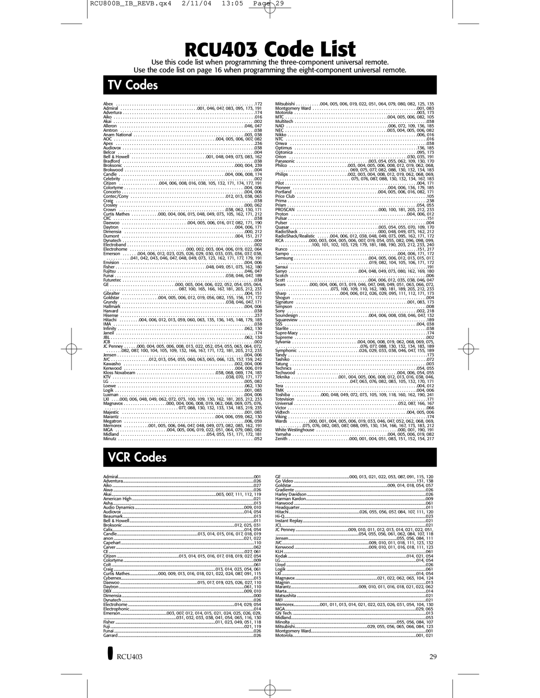 RCA RCU800 manual RCU403 Code List 