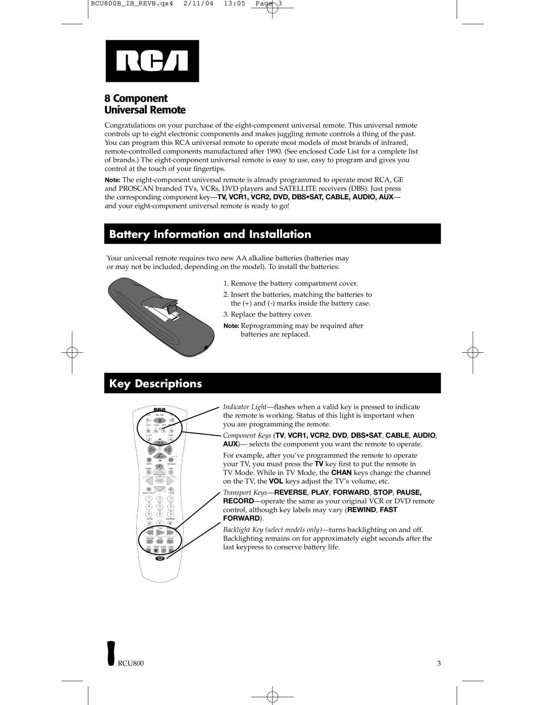 RCA RCU800, RCU403 manual Battery Information and Installation, Key Descriptions 