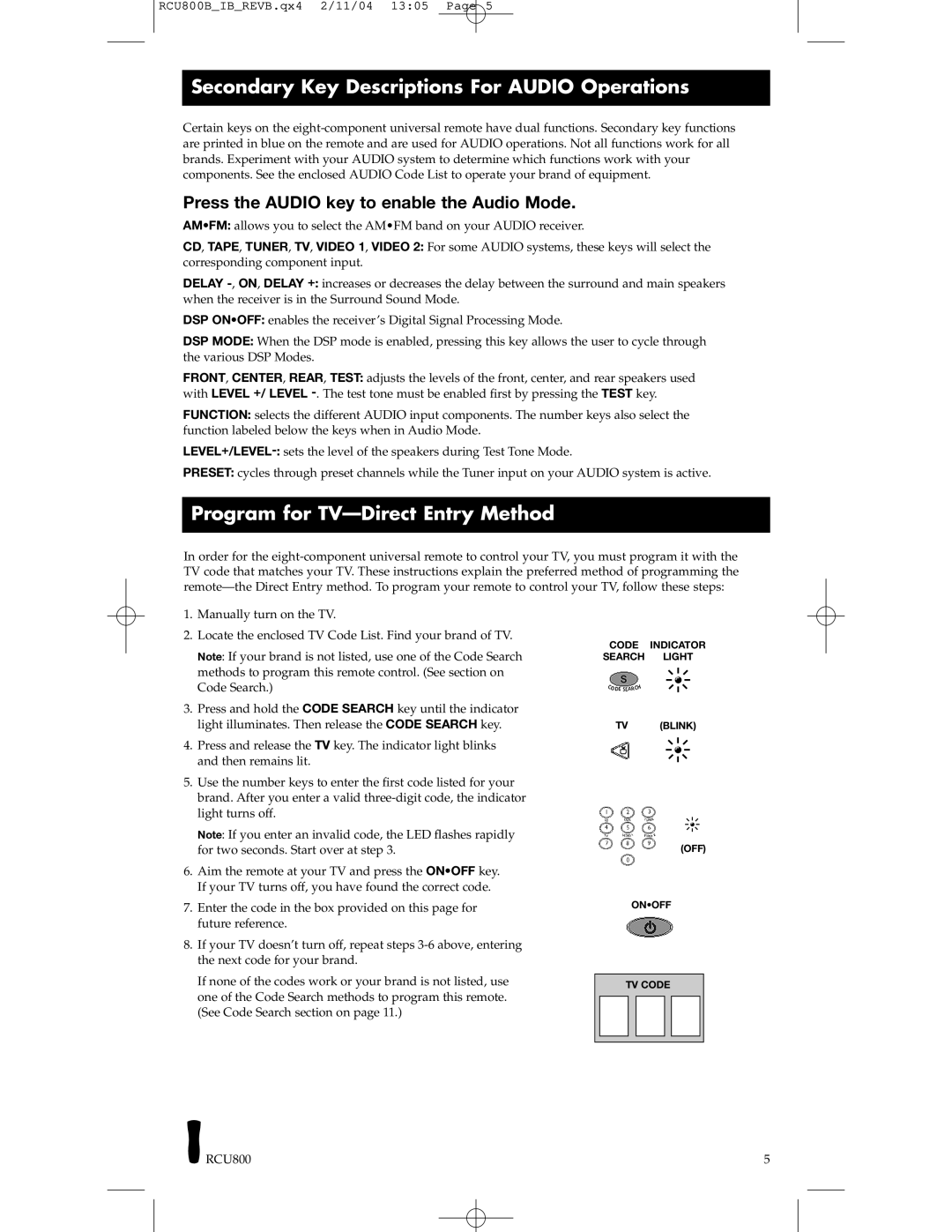 RCA RCU800, RCU403 manual Secondary Key Descriptions For Audio Operations, Program for TV-Direct Entry Method 