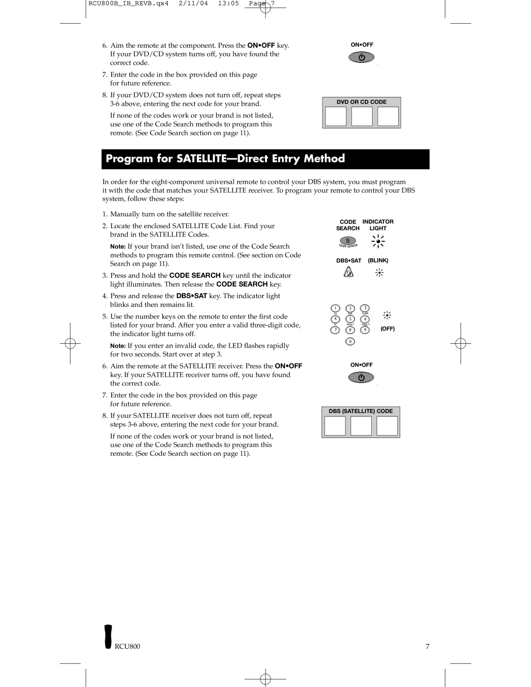 RCA RCU800, RCU403 manual Program for SATELLITE-Direct Entry Method 