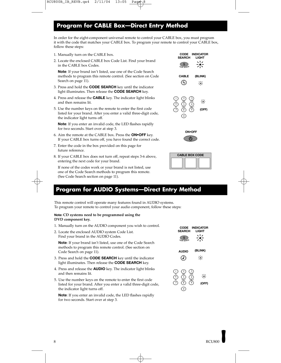 RCA RCU403, RCU800 manual Program for Cable Box-Direct Entry Method, Program for Audio Systems-Direct Entry Method 