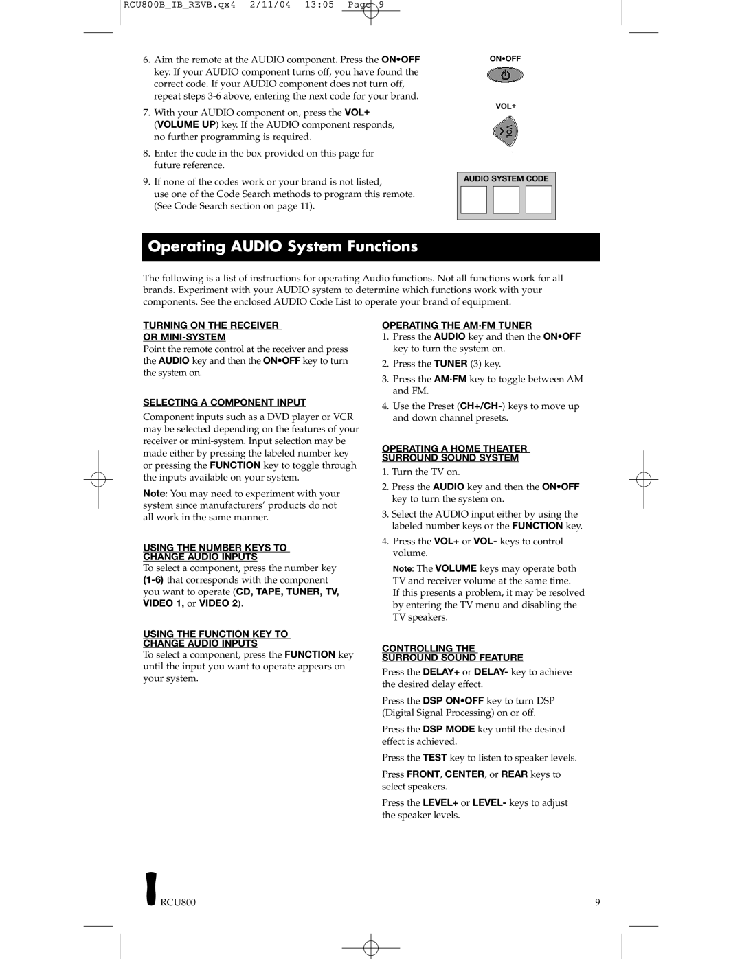 RCA RCU800, RCU403 manual Operating Audio System Functions, Turning on the Receiver Or MINI-SYSTEM 