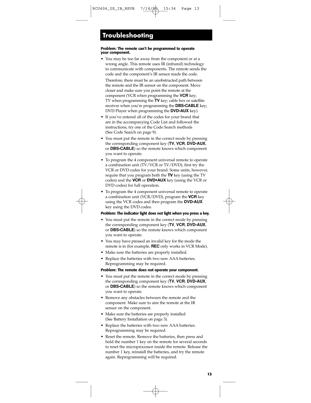 RCA RCU404 manual Troubleshooting 