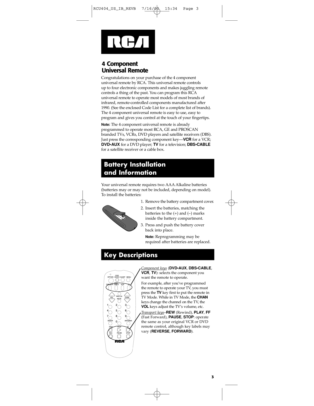 RCA RCU404 manual Battery Installation Information, Key Descriptions 
