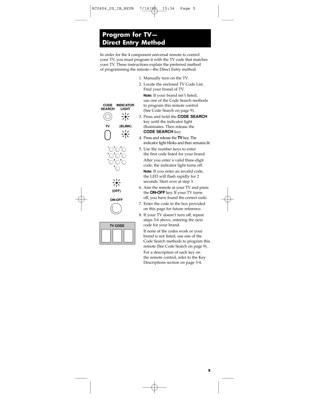 RCA RCU404 manual Program for TV Direct Entry Method, Code Search key 