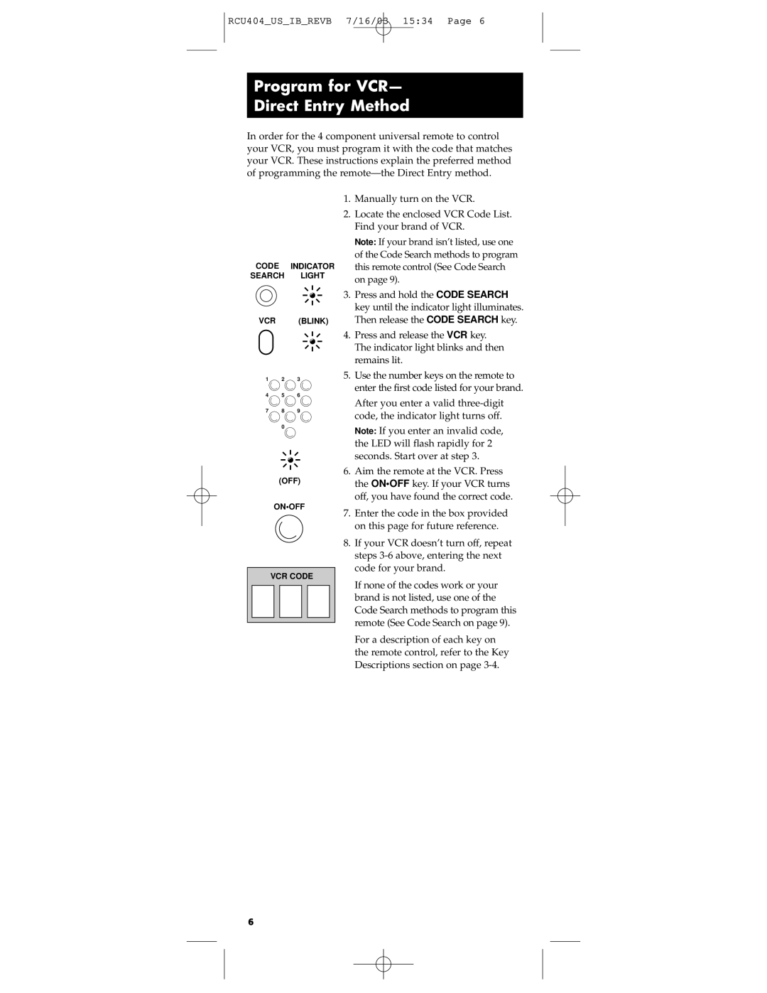 RCA RCU404 manual Program for VCR Direct Entry Method 