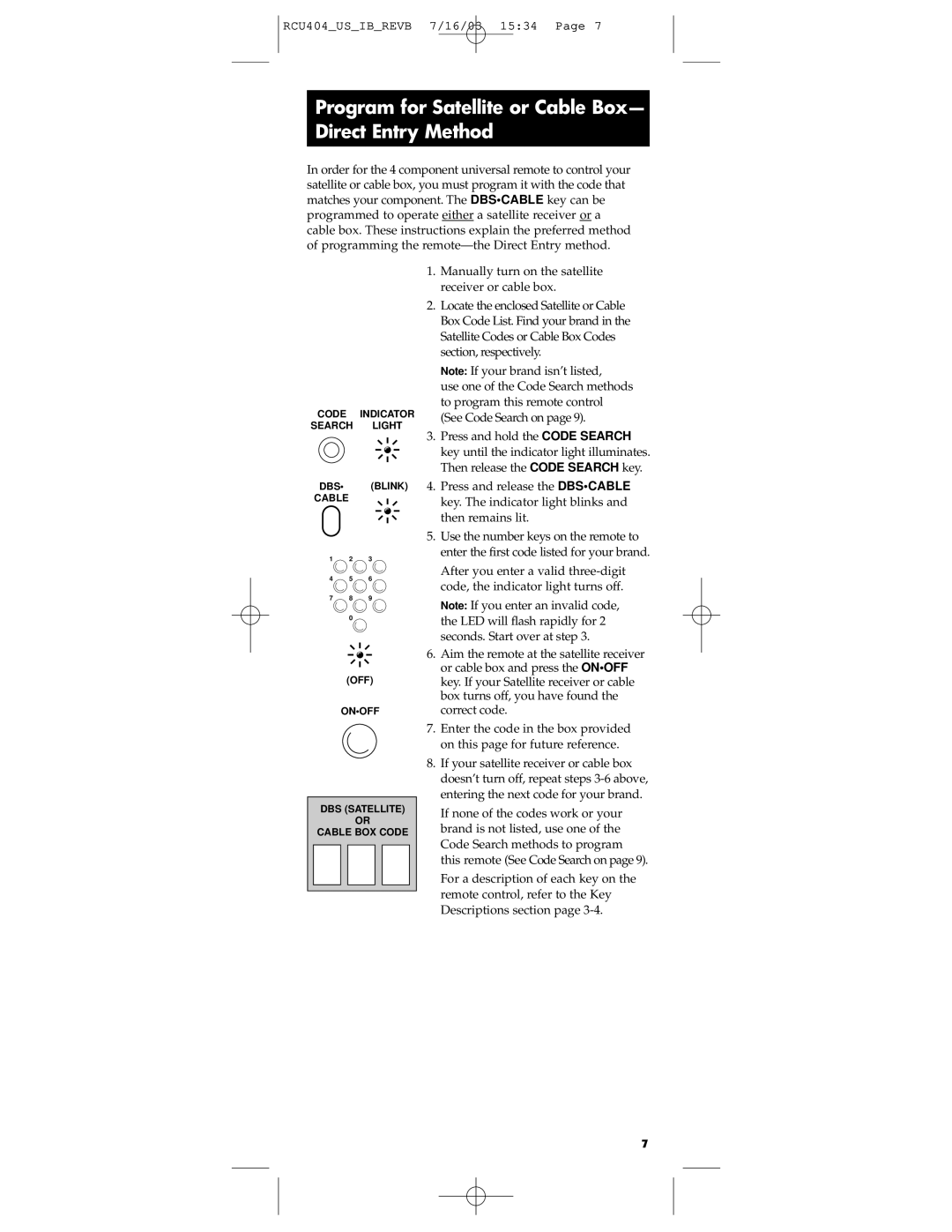 RCA RCU404 manual Program for Satellite or Cable Box- Direct Entry Method 