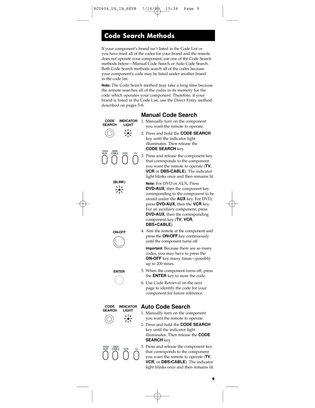 RCA RCU404 manual Code Search Methods, Manual Code Search 