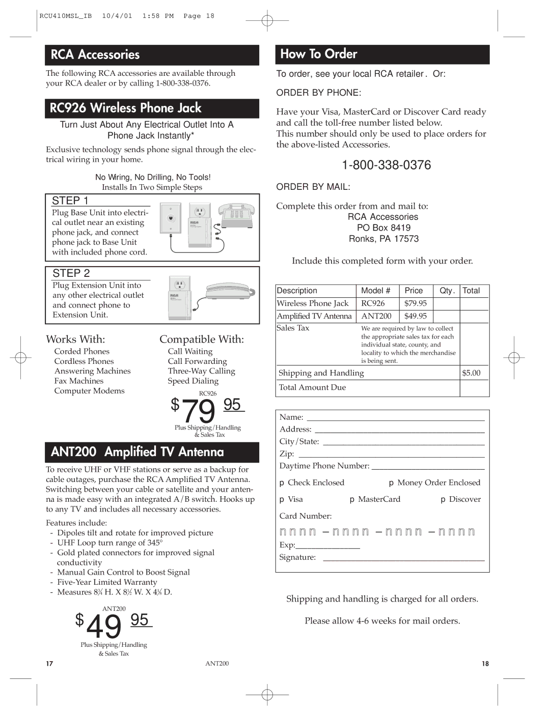 RCA RCU410MSL manual RCA Accessories, RC926 Wireless Phone Jack, ANT200 Amplified TV Antenna, How To Order 