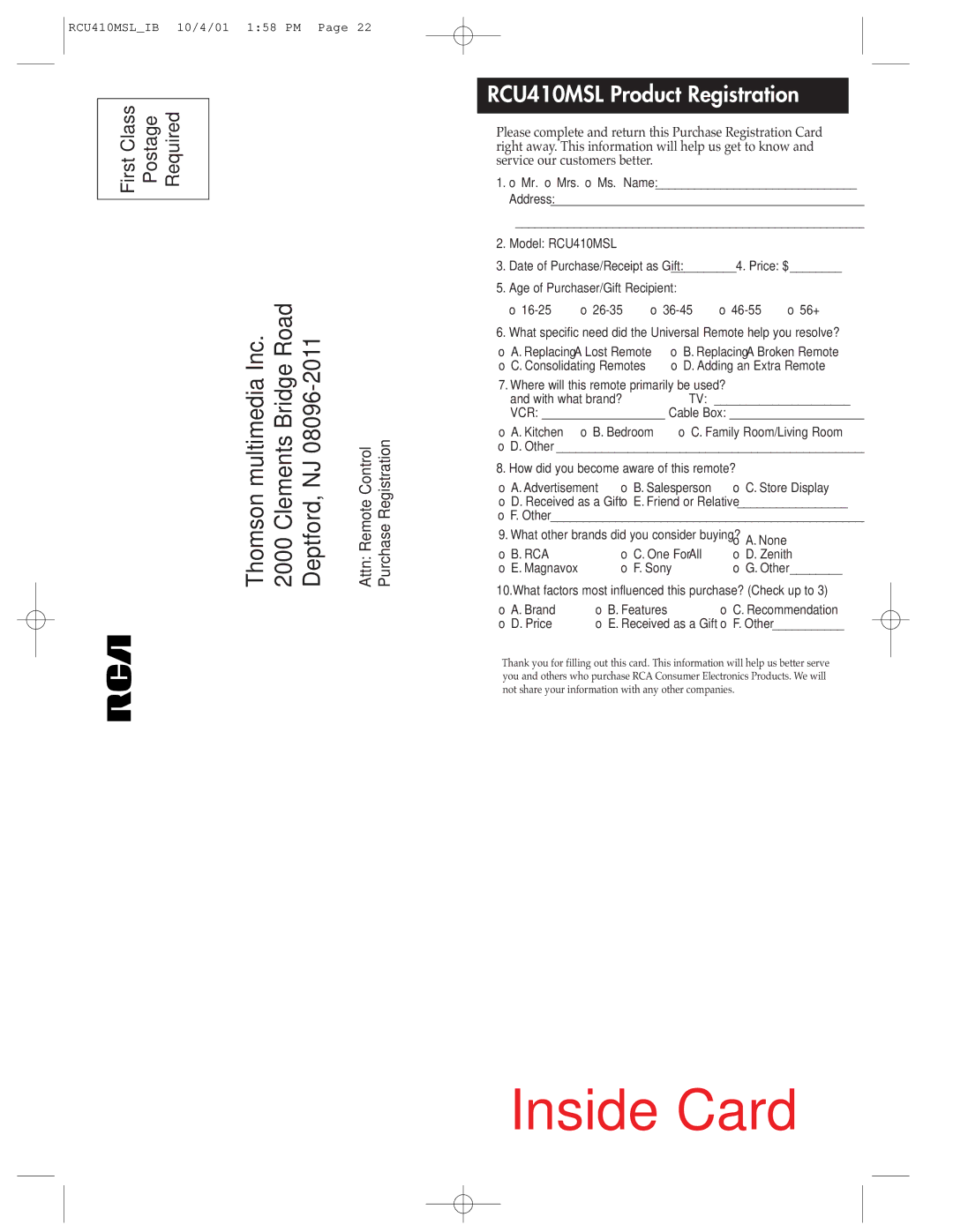 RCA manual RCU410MSL Product Registration, Model RCU410MSL 