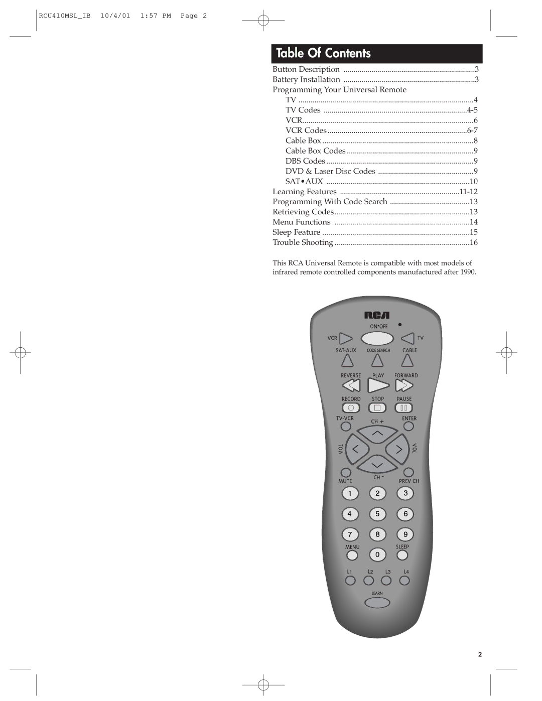 RCA RCU410MSL manual Table Of Contents 