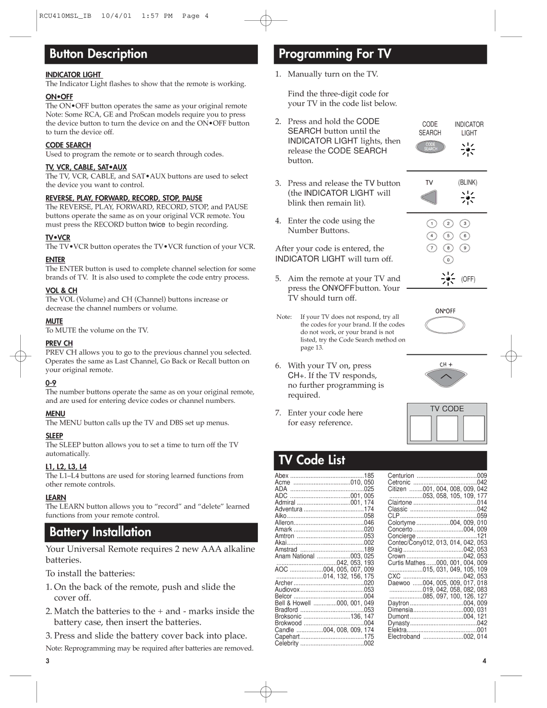 RCA RCU410MSL manual Button Description, Programming For TV, Battery Installation, TV Code List 