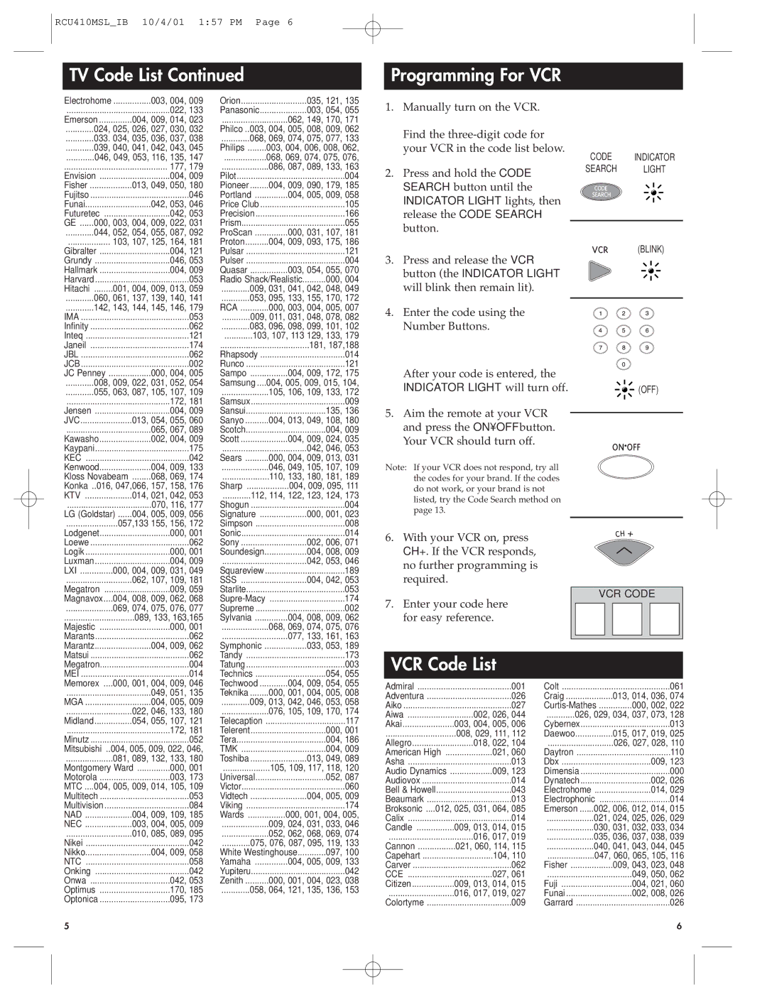 RCA RCU410MSL manual TV Code List Programming For VCR, VCR Code List 