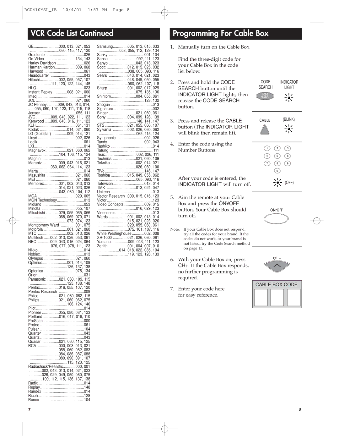 RCA RCU410MSL manual VCR Code List Programming For Cable Box 