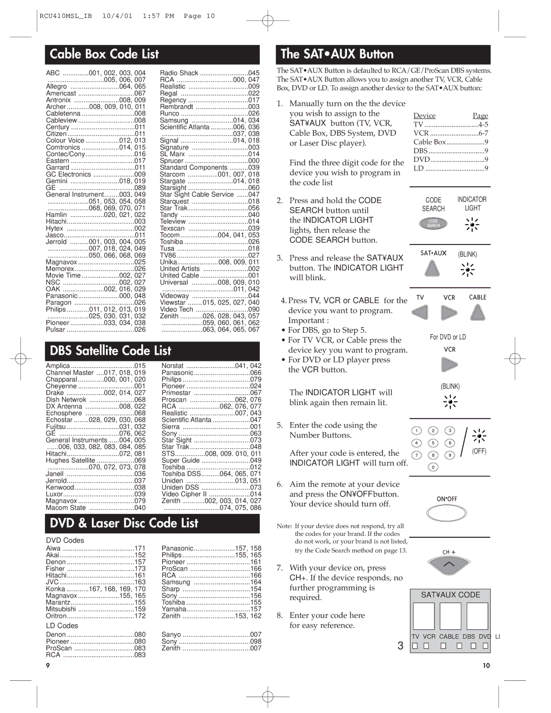 RCA RCU410MSL manual Cable Box Code List Sataux Button, DBS Satellite Code List, DVD & Laser Disc Code List 