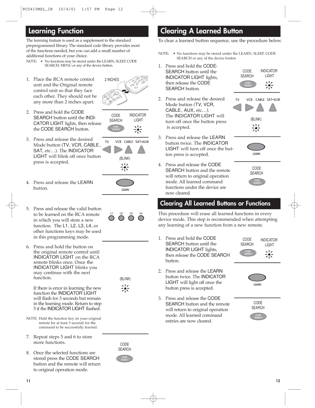 RCA RCU410MSL manual Learning Function, Clearing a Learned Button 