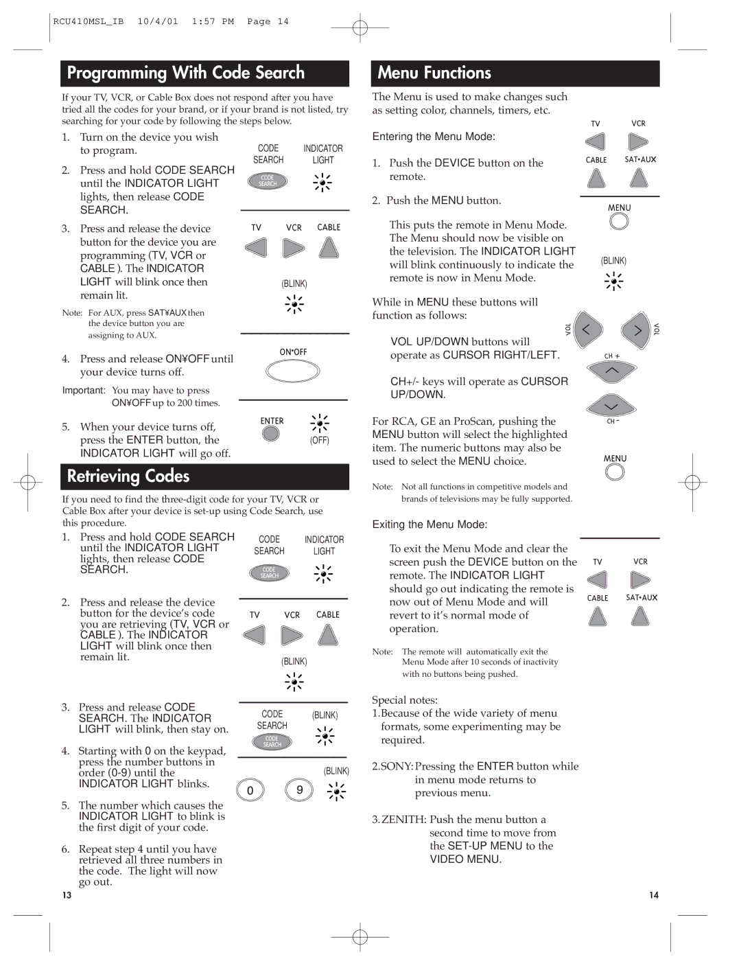 RCA RCU410MSL manual Programming With Code Search, Menu Functions, Retrieving Codes 