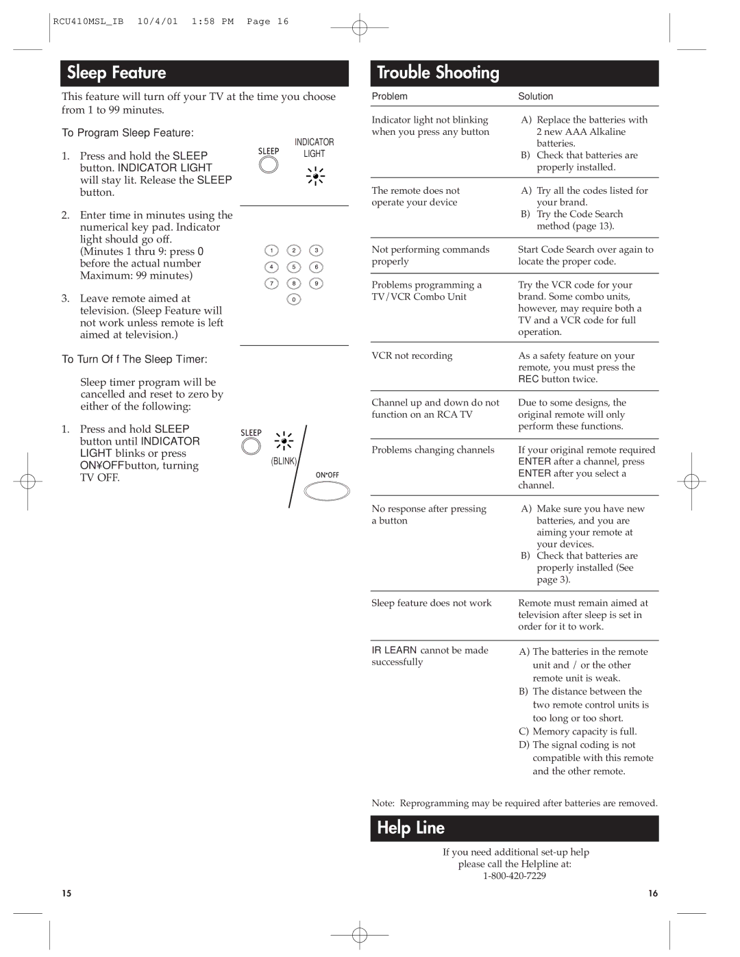 RCA RCU410MSL manual Trouble Shooting, Help Line, To Program Sleep Feature, To Turn Off The Sleep Timer 