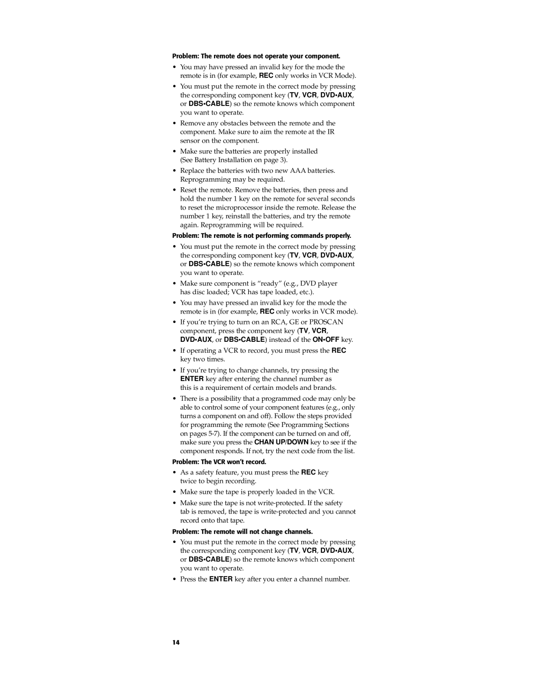 RCA RCU450 manual Problem The remote does not operate your component 