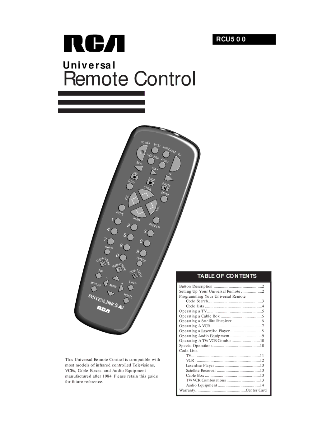 RCA RCU500 warranty Remote Control 