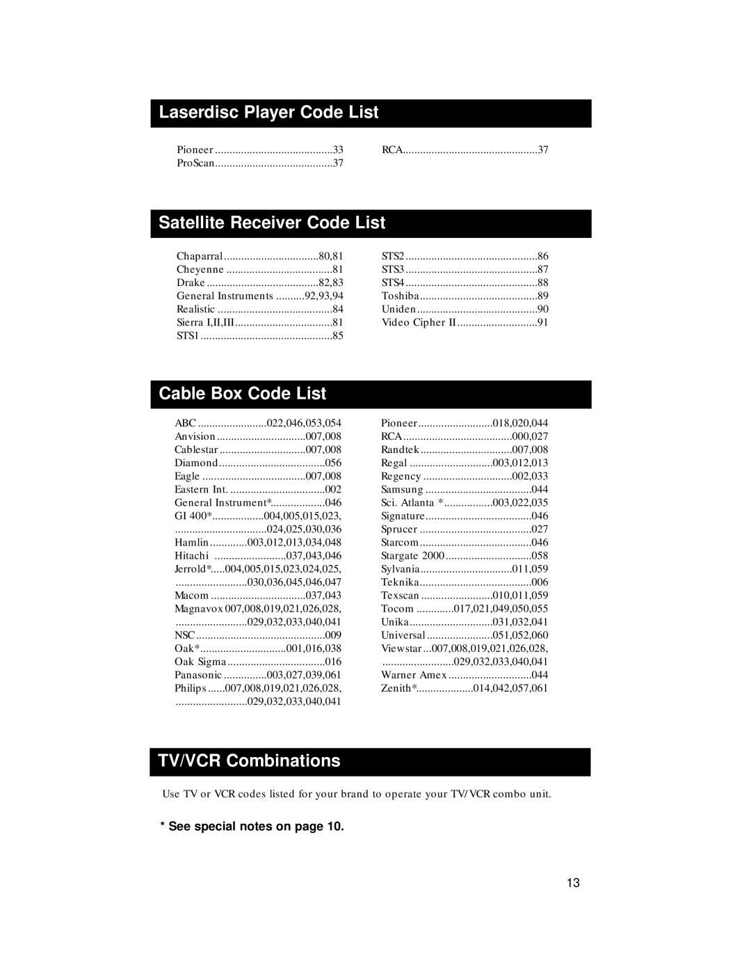 RCA RCU500 warranty Laserdisc Player Code List, Satellite Receiver Code List, Cable Box Code List, TV/VCR Combinations 