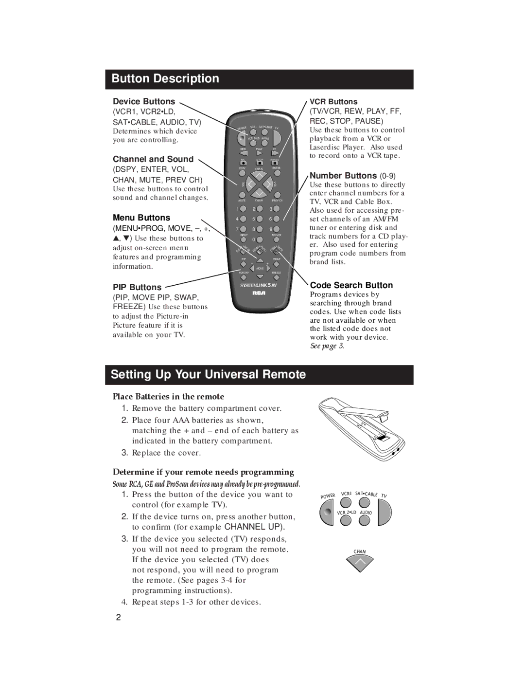 RCA RCU500 warranty Button Description, Setting Up Your Universal Remote, Place Batteries in the remote 