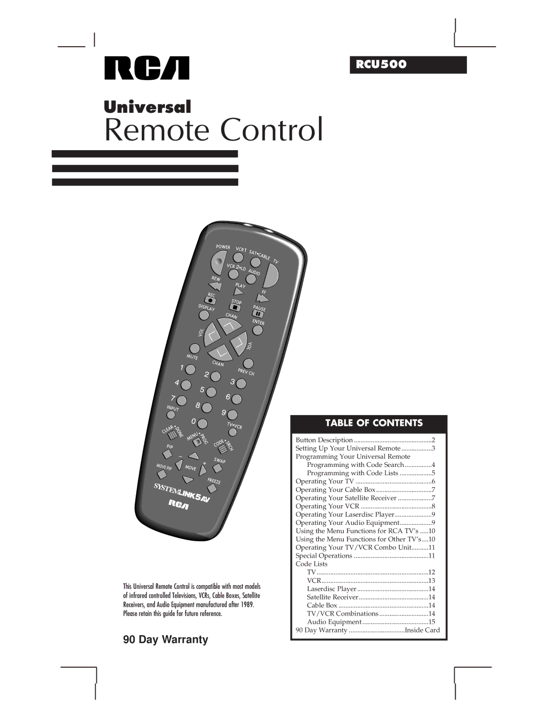 RCA RCU500 warranty Remote Control 