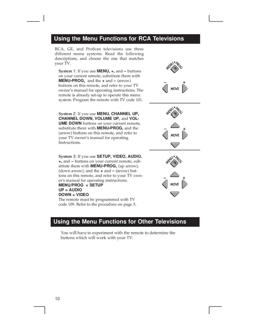 RCA RCU500 warranty Using the Menu Functions for RCA Televisions, Using the Menu Functions for Other Televisions 