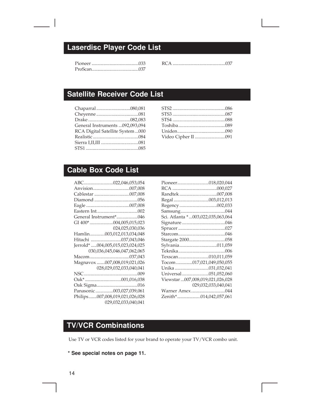 RCA RCU500 warranty Laserdisc Player Code List, Satellite Receiver Code List, Cable Box Code List, TV/VCR Combinations 