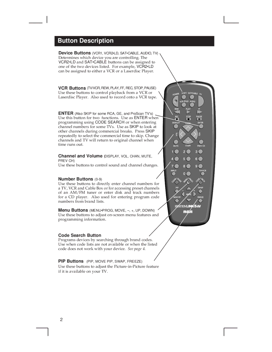 RCA RCU500 warranty Button Description, Number Buttons, Code Search Button 