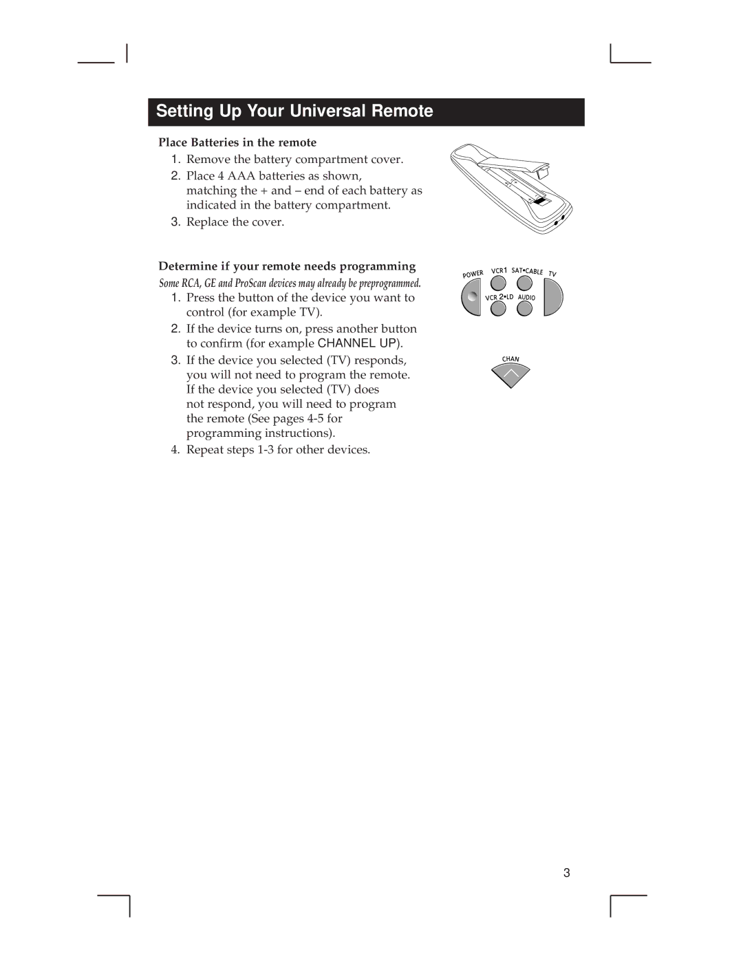 RCA RCU500 Setting Up Your Universal Remote, Place Batteries in the remote, Determine if your remote needs programming 